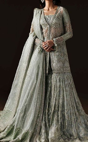 Akbar Aslam Pistachio Green Organza Suit | Pakistani Embroidered Chiffon Dresses USA- Image 1