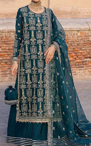 Akbar Aslam Teal Silk Suit | Pakistani Embroidered Chiffon Dresses USA- Image 1