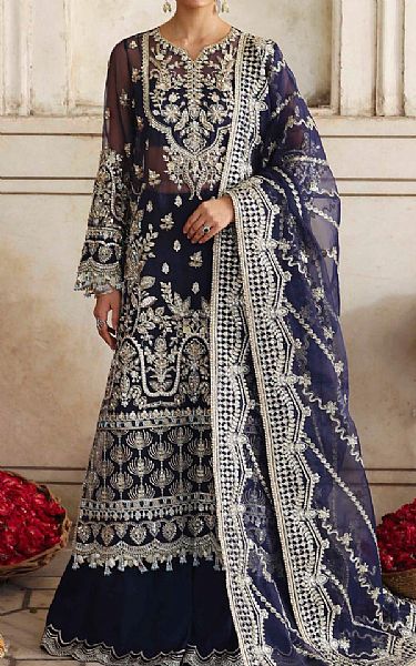 Akbar Aslam Navy Blue Organza Suit | Pakistani Embroidered Chiffon Dresses USA- Image 1