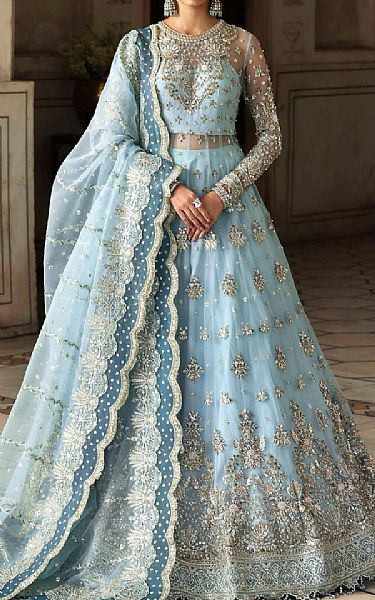 Akbar Aslam Light Blue Net Suit | Pakistani Embroidered Chiffon Dresses USA- Image 1