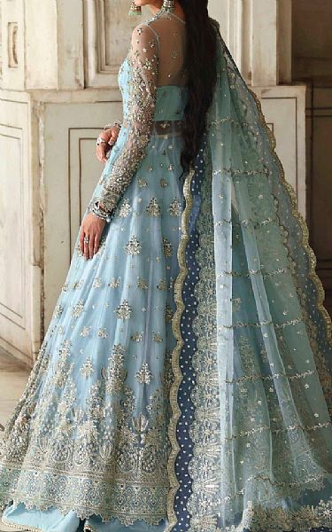 Akbar Aslam Light Blue Net Suit | Pakistani Embroidered Chiffon Dresses USA- Image 2