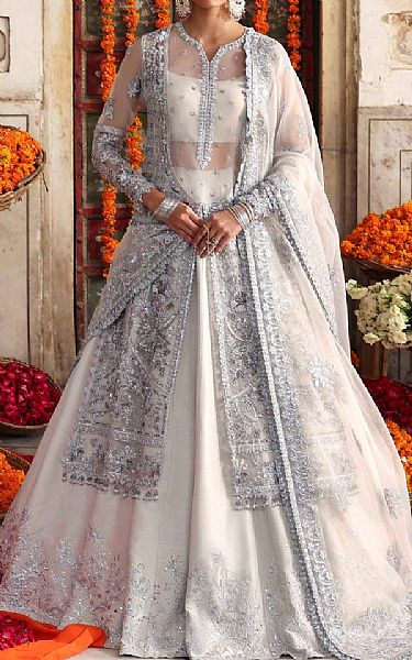 Akbar Aslam Light Grey Organza Suit | Pakistani Embroidered Chiffon Dresses USA- Image 1