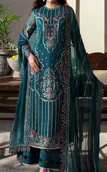 Akbar Aslam Teal Chiffon Suit | Pakistani Embroidered Chiffon Dresses USA- Image 1