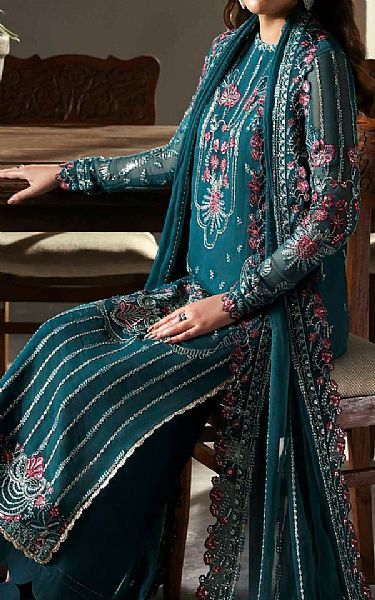 Akbar Aslam Teal Chiffon Suit | Pakistani Embroidered Chiffon Dresses USA- Image 3