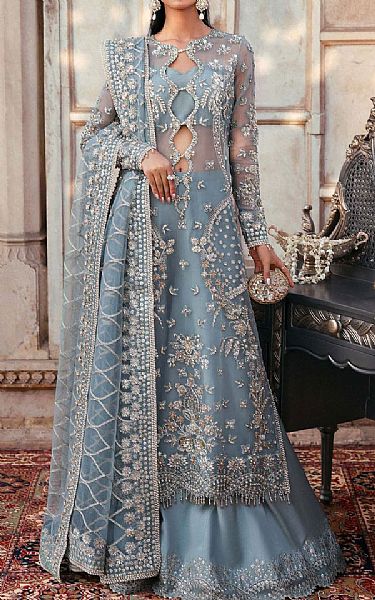 Akbar Aslam Baby Blue Organza Suit | Pakistani Embroidered Chiffon Dresses USA- Image 1
