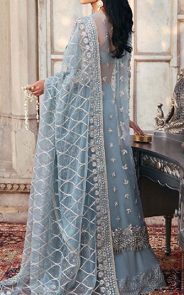 Akbar Aslam Baby Blue Organza Suit | Pakistani Embroidered Chiffon Dresses USA- Image 2