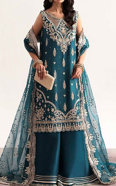 Akbar Aslam Teal Silk Suit | Pakistani Embroidered Chiffon Dresses USA- Image 1