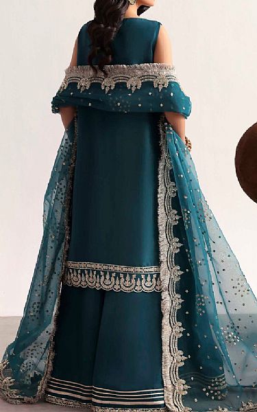 Akbar Aslam Teal Silk Suit | Pakistani Embroidered Chiffon Dresses USA- Image 2
