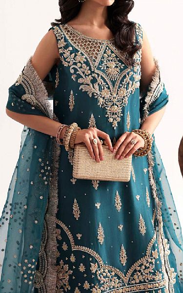 Akbar Aslam Teal Silk Suit | Pakistani Embroidered Chiffon Dresses USA- Image 3