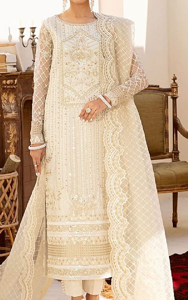 Akbar Aslam Off-white Organza Suit | Pakistani Embroidered Chiffon Dresses USA- Image 1