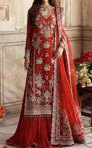 Akbar Aslam Bright Orange Organza Suit | Pakistani Embroidered Chiffon Dresses USA- Image 1