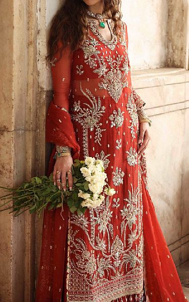 Akbar Aslam Bright Orange Organza Suit | Pakistani Embroidered Chiffon Dresses USA- Image 3