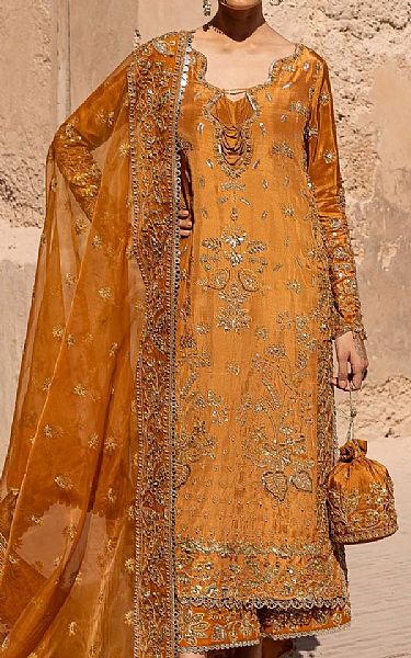 Akbar Aslam Mustard Silk Suit | Pakistani Embroidered Chiffon Dresses USA- Image 1