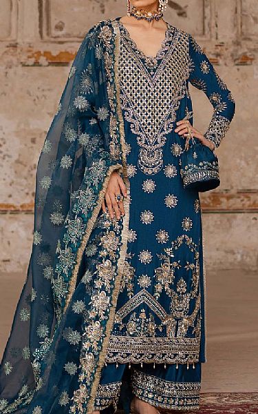 Akbar Aslam Denim Blue Silk Suit | Pakistani Embroidered Chiffon Dresses USA- Image 1