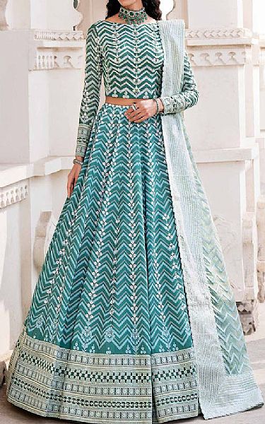 Akbar Aslam Teal Silk Suit | Pakistani Embroidered Chiffon Dresses- Image 1