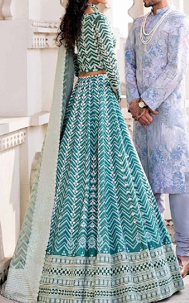 Akbar Aslam Teal Silk Suit | Pakistani Embroidered Chiffon Dresses- Image 2