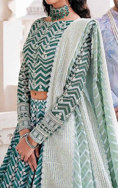 Akbar Aslam Teal Silk Suit | Pakistani Embroidered Chiffon Dresses- Image 3
