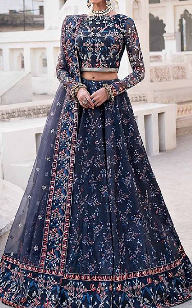 Akbar Aslam Navy Blue Silk Suit | Pakistani Embroidered Chiffon Dresses- Image 1