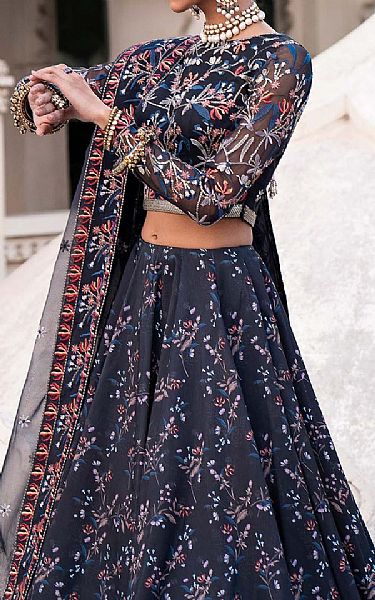 Akbar Aslam Navy Blue Silk Suit | Pakistani Embroidered Chiffon Dresses- Image 3