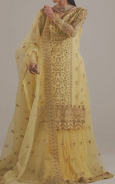 Akbar Aslam Yellow Organza Suit | Pakistani Embroidered Chiffon Dresses USA- Image 2