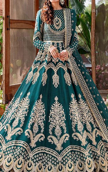 Akbar Aslam Teal Raw Silk Suit | Pakistani Embroidered Chiffon Dresses- Image 1