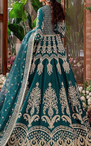 Akbar Aslam Teal Raw Silk Suit | Pakistani Embroidered Chiffon Dresses- Image 2