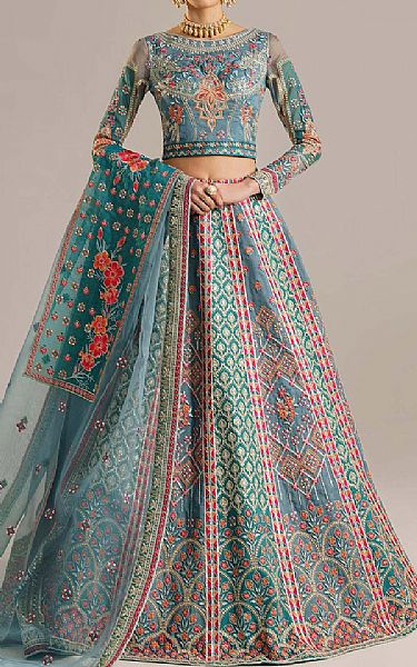 Akbar Aslam Bluish Grey/Green Organza Suit | Pakistani Embroidered Chiffon Dresses USA- Image 1