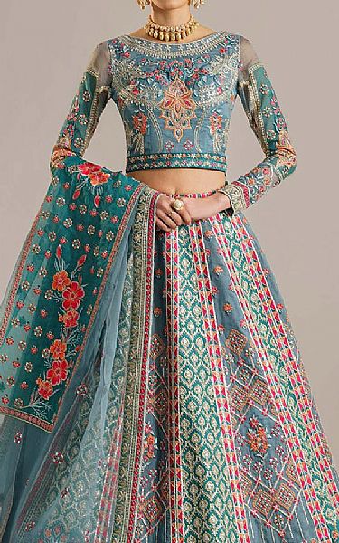 Akbar Aslam Bluish Grey/Green Organza Suit | Pakistani Embroidered Chiffon Dresses USA- Image 3