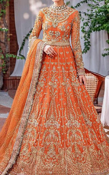 Akbar Aslam Orange Net Suit | Pakistani Embroidered Chiffon Dresses- Image 1