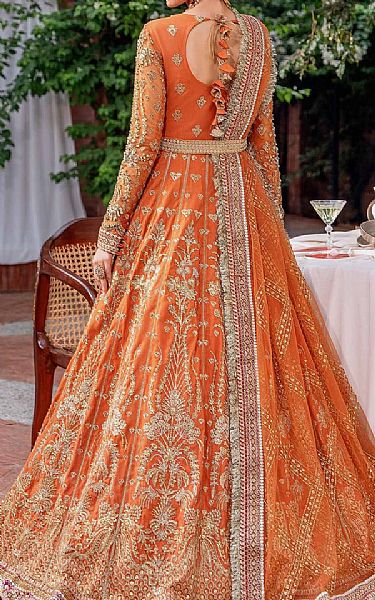 Akbar Aslam Orange Net Suit | Pakistani Embroidered Chiffon Dresses- Image 2