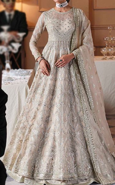 Akbar Aslam Light Grey Organza Suit | Pakistani Embroidered Chiffon Dresses USA- Image 1