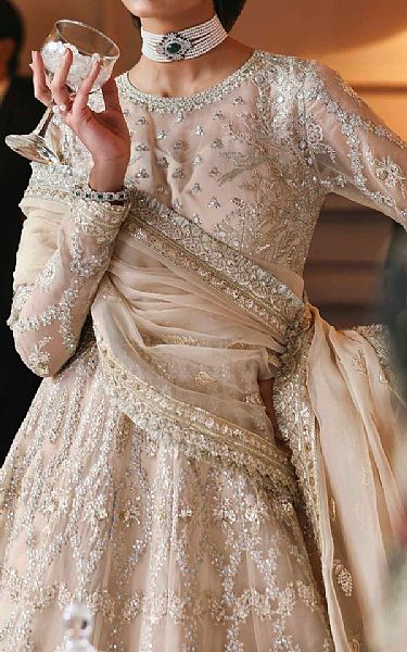Akbar Aslam Light Grey Organza Suit | Pakistani Embroidered Chiffon Dresses USA- Image 3
