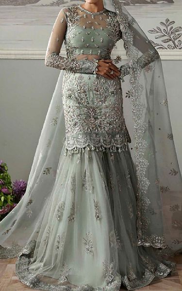 Akbar Aslam Sage Green Organza Suit | Pakistani Embroidered Chiffon Dresses USA- Image 1