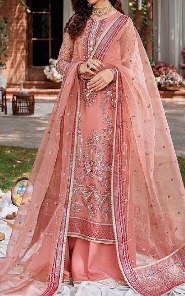 Akbar Aslam Tea Pink Organza Suit | Pakistani Embroidered Chiffon Dresses- Image 1