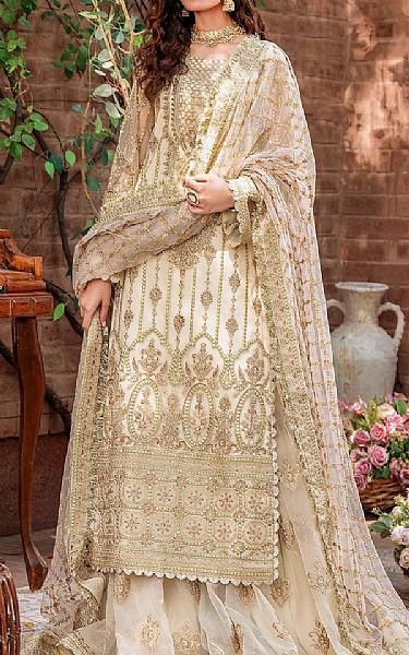 Akbar Aslam Ivory Net Suit | Pakistani Embroidered Chiffon Dresses- Image 1