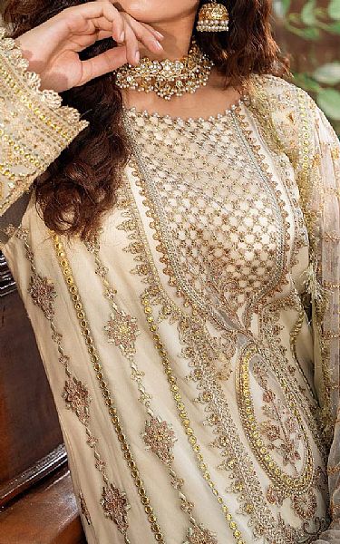 Akbar Aslam Ivory Net Suit | Pakistani Embroidered Chiffon Dresses- Image 2