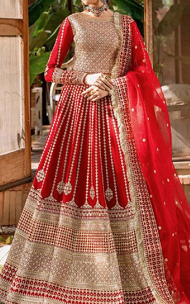 Akbar Aslam Red/Golden Raw Silk Suit | Pakistani Embroidered Chiffon Dresses- Image 1