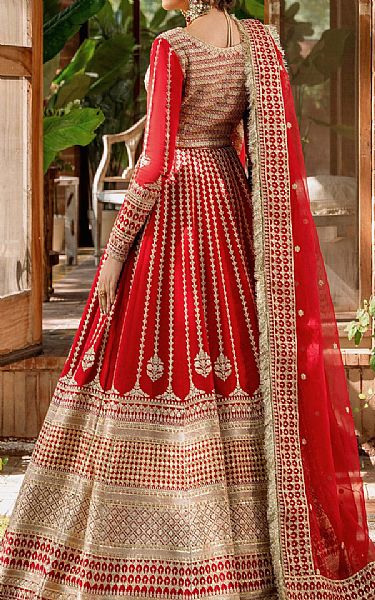 Akbar Aslam Red/Golden Raw Silk Suit | Pakistani Embroidered Chiffon Dresses- Image 2