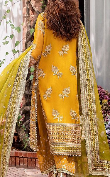 Akbar Aslam Mustard Organza Suit | Pakistani Embroidered Chiffon Dresses- Image 2
