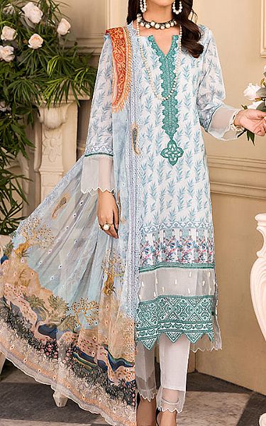 Al Zohaib White/Sky blue Cambric Suit | Pakistani Dresses in USA- Image 1