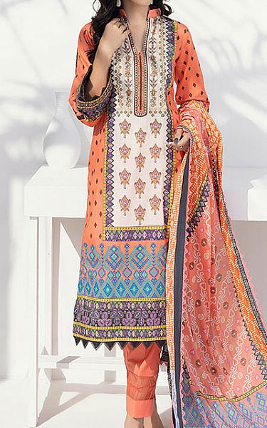 Al Zohaib Off-white/Coral Cambric Suit | Pakistani Winter Dresses- Image 1