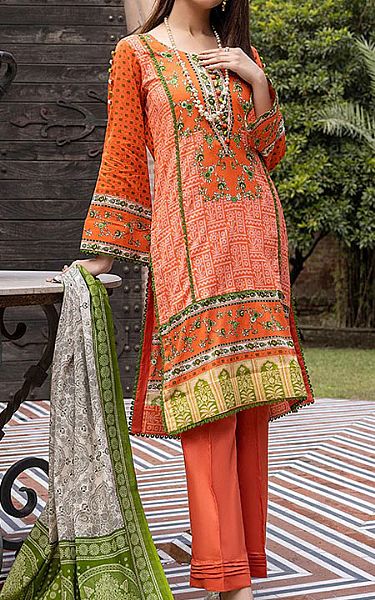 Al Zohaib Safety Orange Lawn Suit | Pakistani Dresses in USA- Image 1