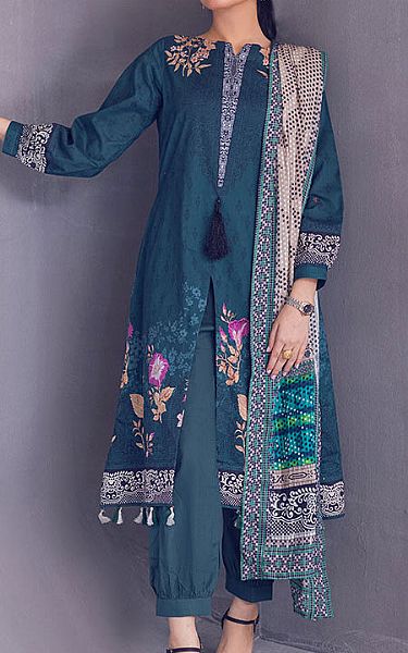 Al Zohaib Teal Blue Cambric Suit | Pakistani Winter Dresses- Image 1