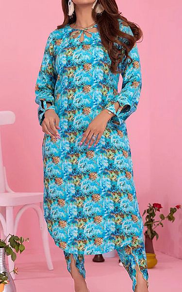 Al Zohaib Turquoise Cottel Suit (2 Pcs) | Pakistani Winter Dresses- Image 1