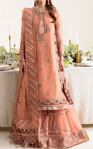 Alizeh Peach Net Suit | Pakistani Embroidered Chiffon Dresses USA- Image 1