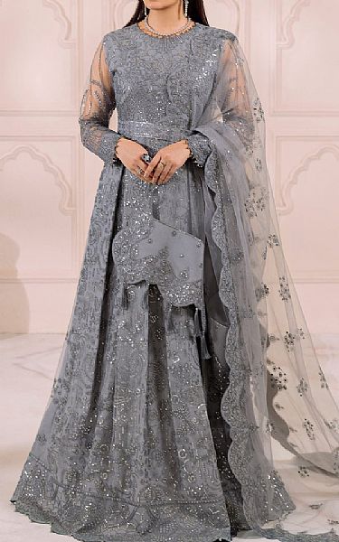 Alizeh Grey Net Suit | Pakistani Embroidered Chiffon Dresses- Image 1