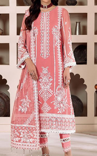 Alizeh Light Coral Net Suit | Pakistani Embroidered Chiffon Dresses- Image 1