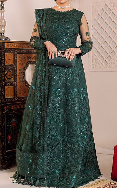 Alizeh Medium Jungle Green Net Suit | Pakistani Embroidered Chiffon Dresses- Image 1
