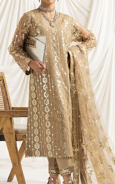 Alizeh Tan Net Suit | Pakistani Embroidered Chiffon Dresses- Image 1