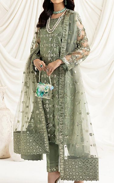 Alizeh Pistachio Green Net Suit | Pakistani Embroidered Chiffon Dresses- Image 1